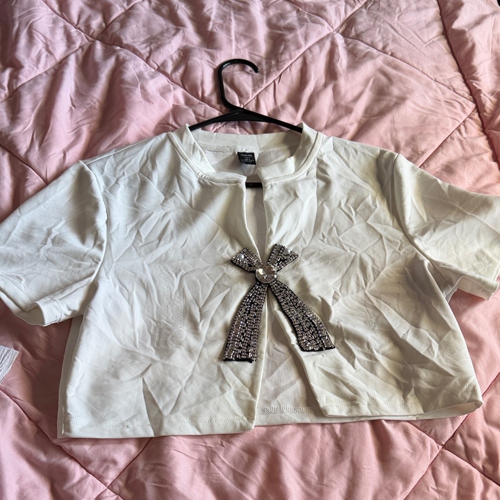 White Cropped Cardigan with Silver Embellished Bow